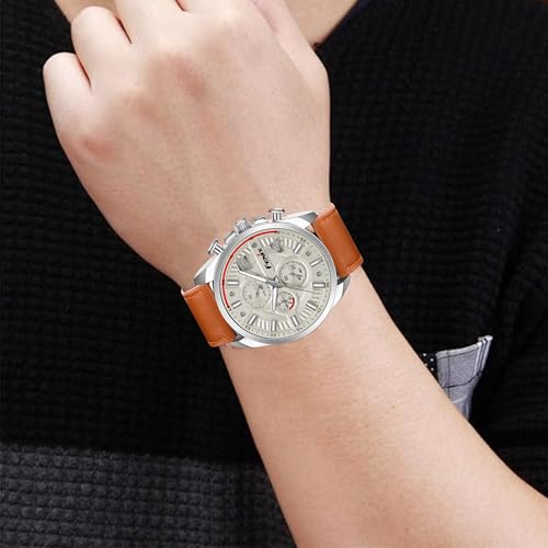 Image of FENIX Watch for Men, White Diel, Brown Leather Strap (Brown)