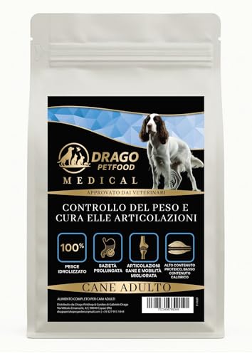 DRAGO PETFOOD Medical – Pienso para perro adulto, control del peso y articulaciones, pescado blanco hidrolizado, sin granos, hipoalergénico, saco de 1,5 kg