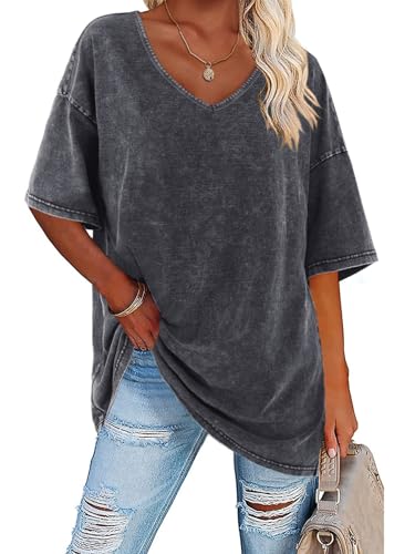 Flowyair Womens Oversized T Shirts Summer Loose Fit Cotton Short Sleeve Basic Tees Casual V Neck Boyfriend Tunic Tops