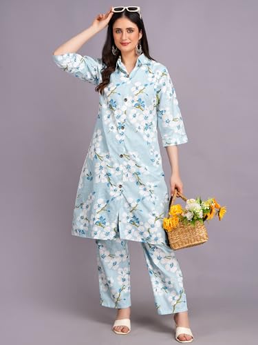 Image of Women's Printed Cotton Blend Co-ord Set Top & Bottom Two-Piece Set Casual & Office Wear