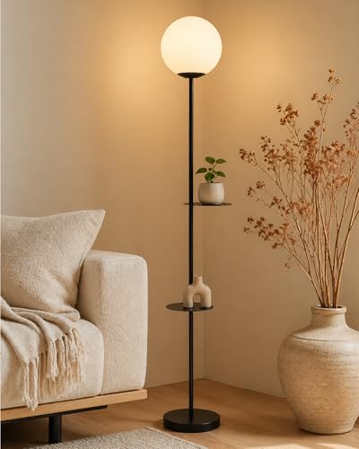 Homesake® Floor Lamp for Living Room with Dual Shelves & White Gl...