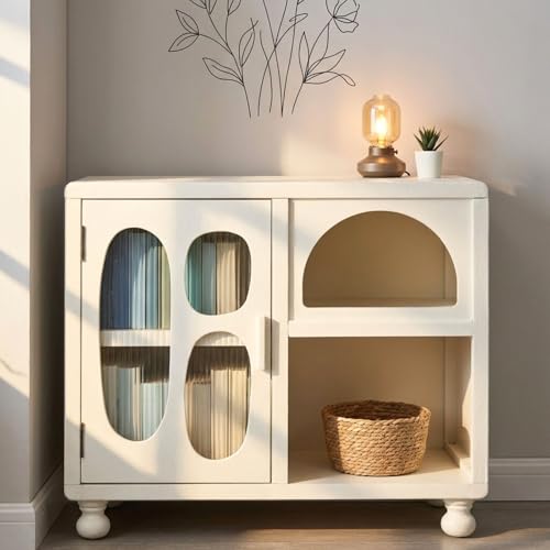 Ya-Home Armario Bajo de Almacenamiento Interior y Exterior 35X80X68cm, Aparador de Madera con 1 Puertas y 3 Comparticiónes Salon/Cocina/Dormitorio,Beige