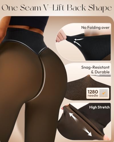 Image of Fleece Lined Tights Women One Line High Waist Warm Sheer Fleece Tights Thick Thermal Pantyhose Winter Black