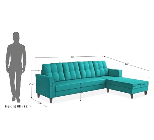 Image of Adorn India Maddox Tufted L Shape 5 Seater Sofa Wood Sofa Set RHS (Aqua Blue) (3 Year Warranty)
