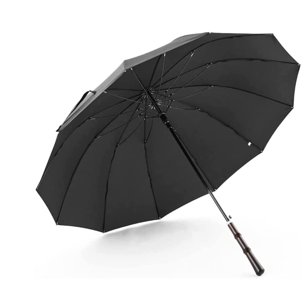 Parasol Damski Parasol Do Golfa Retro Wiatroodporny Parasol W Sztyfcie 12 Kości Drewniany Uchwyt Przeciwdeszczowy Automatyczny Otwarty Parasol Parasolka Kobieca (Color : Black, Size : 99cm)
