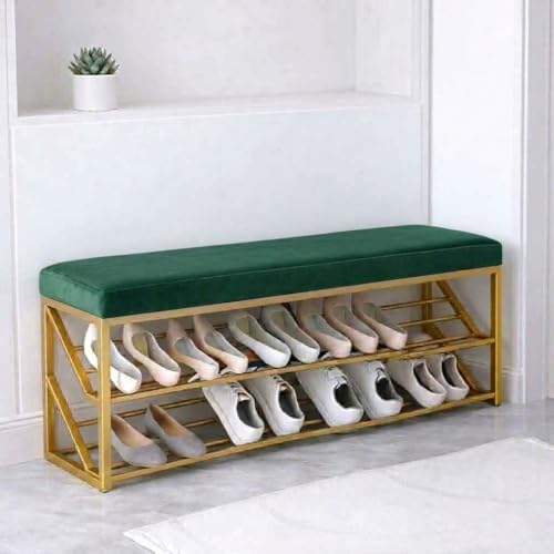 Image of Entryway Shoe Rack with Cushioned Seat, Shoe Bench for Entry, 2 Shelves Storage Bed Bench
