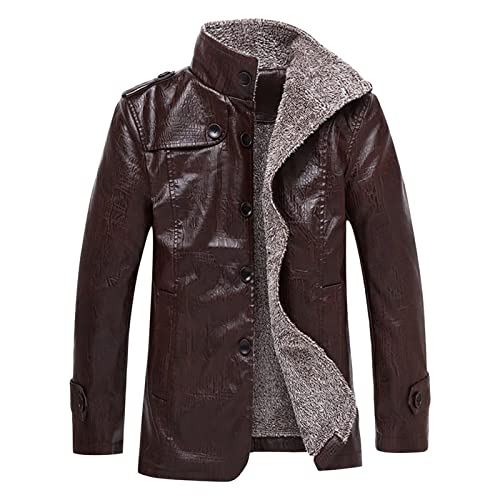 Maiyifu-GJ Men Faux Leather Lapel Zip Up Jacket Retro Casual Slim Fit Fleece Jackets Sherpa Lined Winter Warm Trucker Coat (Brown,X-Large)