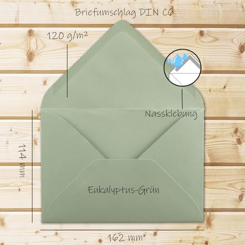 50 Brief-Umschläge - Eukalyptus-Grün - DIN C6-114 x 162 mm - Kuverts mit Nassklebung ohne Fenster für Gruß-Karten & Einladungen - FarbenFroh by GUSTAV NEUSER