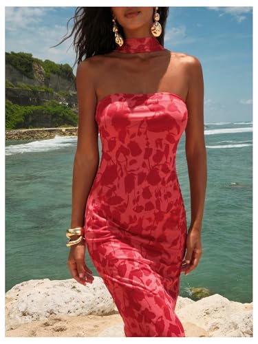 GORGLITTER Women's Floral Mesh Strapless Bodycon Maxi Dresses Halter Backless Wedding Guest Long Tube Dress with Scarf4