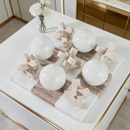 Marble Tic Tac Toe Game Set - Natural Organic Stone Board with White and Brown XO Pieces, Luxury Decorative X and O Family Game for Modern Coffee Table, Living Room, Home Office Tabletop Décor
