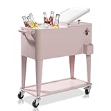80 Quart Patio Rolling Ice Chest With Shelf, Stainless Steel Portable Party Bar Drink Cooling Cart With Wheels and Bottle Opener