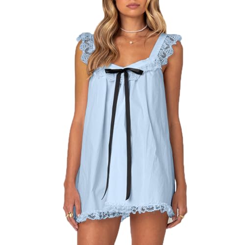 Image of Women Y2K Babydoll Mini Dress Cute Bow Lace Trim Pleated Ruffle Short Sundress Casual Party Vacation One Pieces