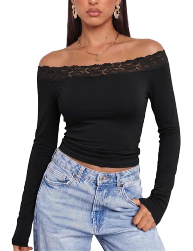 LUYAA Lace Trim Off The Shoulder Top Cute Black Long Sleeve Shirt for Woman
