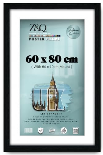Z&Q Wall Photo Frames 80x60cm Frame Large Poster Sized Frame With Mount 50x70cm & Without Mount Wall Hanging for Pictures Paintings Vertical Horizontal both Ways Hanging (Black, White Mount)