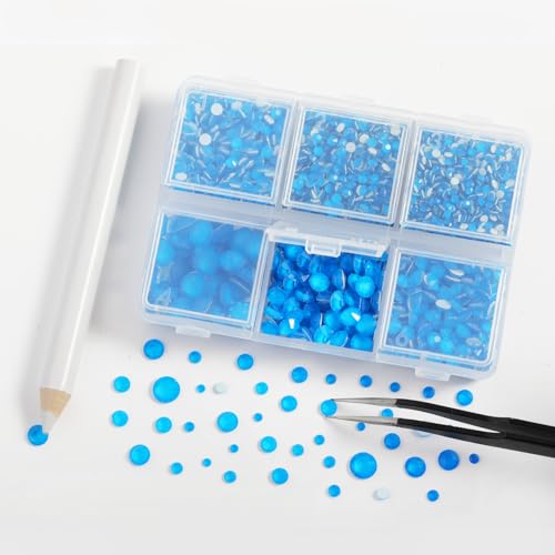 Image of BEADSLAND Hotfix Rhinestones, 4000 PCS Rhinestones for Clothes Crafts Mixed 6 Sizes with Wax Pencil and Tweezers Kit, SS6-SS30, Neon Blue