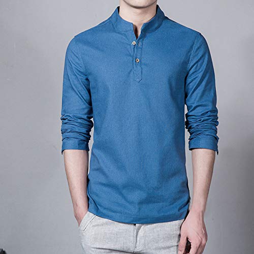 Fashion Stand Collar Linen Tee for Men Slim Fit Button Long Sleeve Casual Tops Outdoor Walk Camping Sweater Plus Size2