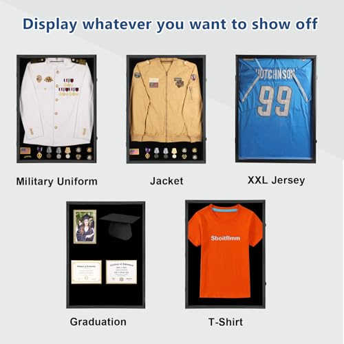 Sboitflmm Military Uniform Display Case - Police Uniform Display Case - Lockable Wall Mount Cabinet with 98% UV Protection Acrylic Door for Military Uniform, Jacket, XXL Jersey, Badage-Black