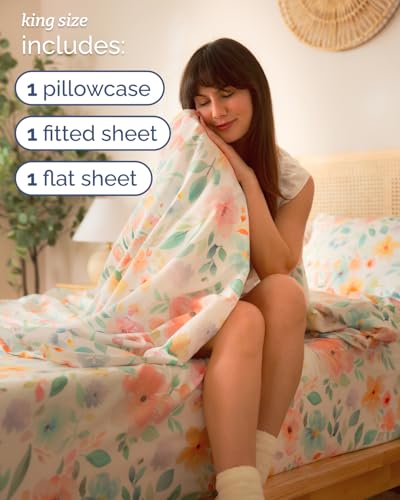 Image of King 4 Piece Floral Sheet Set - Soft, Breathable & Cooling - Blush Blossom | 1 Flat, 1 Fitted & 2 Pillowcases w / Deep Pockets, Boho Botanical Floral Bedding, Breathable & Cooling, Wrinkle & Fade Free