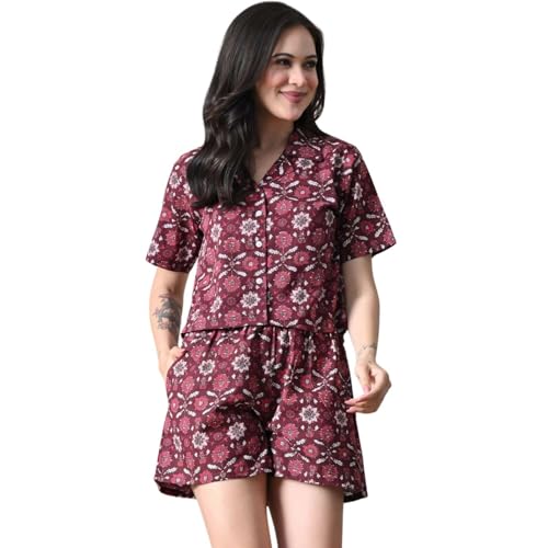 Image of Women Cotton Pajama Set Shirt & Shorts | Co-Ord Night Suit Soft Breathable Printed Sleepwear Lounge Wear Comfortable