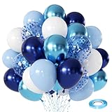 Navy Blue White Balloons Set, Include 50pcs 12inch Metallic Blue Balloons and Pastel Dark Light Blue White Latex Balloons with Blue Confetti Balloon for Birthday Party Wedding Decorations.