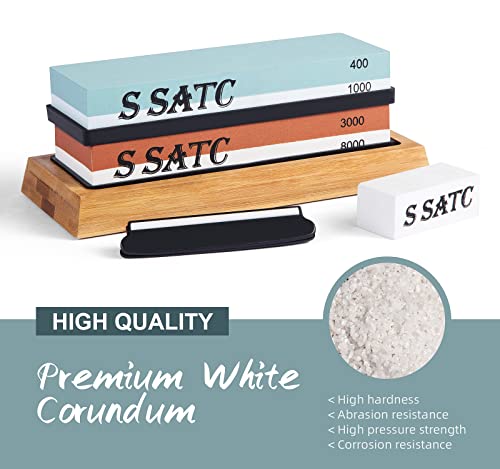 S Satc Knife Sharpeners Stone Whetstone 4 Side Grit 400/1000 3000/8000 Sharpening Stone With Nonslip Rubber Bases, Bamboo Base, Flattening Stone, And Leather Strop #TOP4