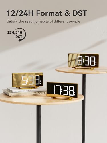Image of Digital Alarm Clock for Bedrooms, Slim LED Desk Clock with Gold Mirror Finish, 7 Levels Brightness, Dual USB Ports, Snooze, 12 /24H, 8.7 inch Large Display Modern Bedside Clock for Home Office Decor