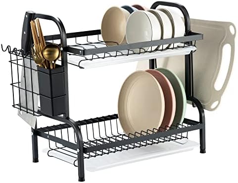 Avellux 2 Tier Black Dish Drainer Rack, Stainless Steel Dish Drying Rack Kitchen, Dish Drainers Draining Board with Drip Tray, Rust Proof Dish Rack Washing Up Sink Drainer Rack