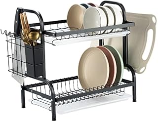 Avellux 2 Tier Black Dish Drainer Rack, Stainless Steel Dish Drying Rack Kitchen, Dish Drainers Draining Board with Drip Tray, Rust Proof Dish Rack Washing Up Sink Drainer Rack