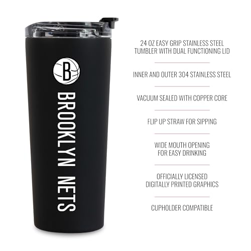 Image of Rico Industries NBA Basketball Brooklyn Nets Black 24oz Stainless Steel Tumbler with Lid and Dual Functioning Lid