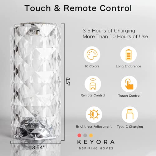 Image of KEYORA Crystal Lamp Touch Sensor Rose Diamond Rgb Light Table Lamp for Decoration of Room,Photography,Gift,Bedroom,Romantic(with Remote and USB Cable Rechargeable Light)