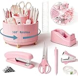 Gawsey Desk Organizers and Accessories Set with 360-Degree Rotating Pen Holder, Tape Dispenser, Stapler, Staple Remover, 1000 Staples, Tape, Clips Set, Ruler, Scissor, Pen (Pink-A)
