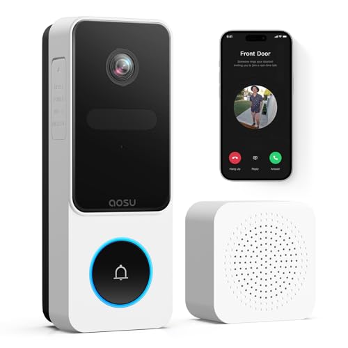 AOSU Sonnette sans Fil avec Caméra, 2K HD Sonnette sans Fil Exterieur Etanche, Vue de la Tête aux Pieds, Détection Humaine PIR, 2.4G WiFi, Audio Bidirectionnel, Compatible avec Alexa