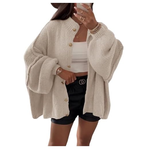 Saodimallsu Womens Oversized Cardigans Long Lantern Sleeve Button Down Chunky Knit Loose Fall Sweater Coats Khaki