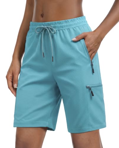 7 Inches Inseam Women Cargo Hiking Casual Shorts Senior Athletic Gym Running Workout High Waisted Stretchy Pull On Quick Dry Iced Bermuda Summer Golf Beach Sports Work Out Active Mid Thigh Teal
