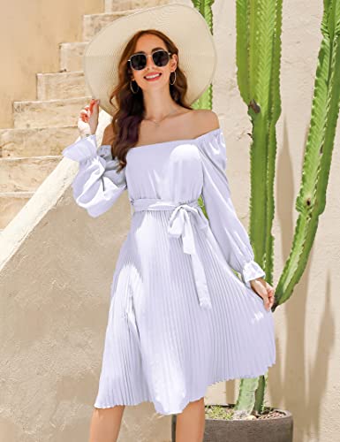 White Dress Flounce Long Sleeve Elegant Belted Fit Flare Midi Dresses Cocktail Wedding Guest #TOP4