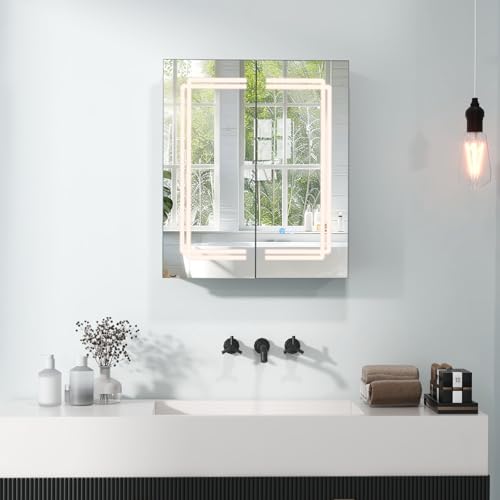 COSTWAY 60 x 70 cm Armario Espejo de Baño con Luz LED, Armario de Espejo Iluminado con 2 Enchufes y Estantes Ajustables, Espejo para Baño de Pared con 3 Colores de Luz, Función de Memoria y Antivaho