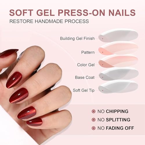 DMQ Red Cat Eye False Nails, 32Pcs Burgundy Glitter Press on Nails Short, Almond Wine Red Shimmer Fake Nails, Full Cover Glossy Stick on Nails with Glue for Women Girls DIY Nail Art Gifts