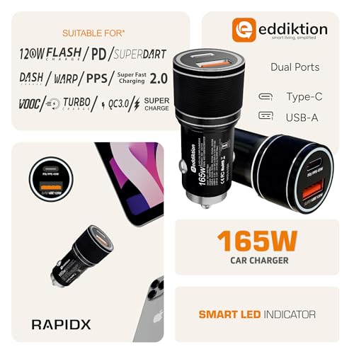 Image of RAPIDX 165W Super Fast Car Charger | Dual Port USB A 120W and USB C 45W PD Fast Charging Adapter | Universal 12V-24V Fast Car Charger for All Type of Mobile, Smartphone,Watch (Black)
