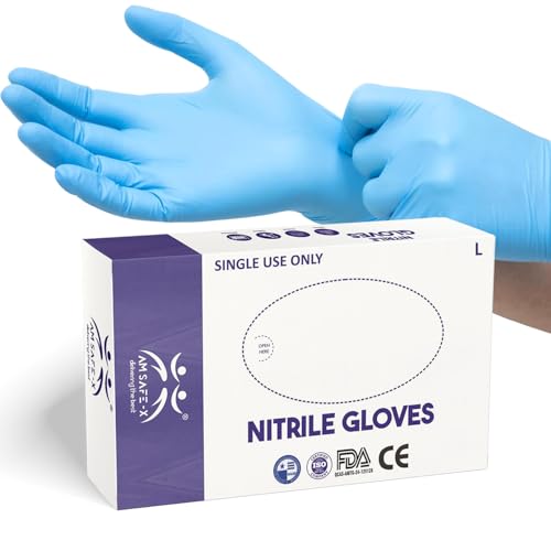 Image of AM SAFE-X delivering the best Nitrile Powder-Free Gloves, Blue -100 Pieces (Large), Pack of 1