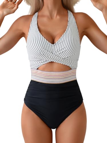 Image of B2prity Women's One Piece Swimsuit Tummy Control High Waisted Bathing Suit | Color Block,Removable Soft Cups,Cutout,V neck,Full Coverage,Adjustable Criss Cross Straps,Tie Back