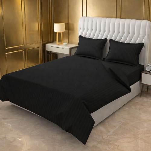 Image of Prozone Premium Satin Stripe Double Bedsheet with 2 Pillow Covers | Soft & Luxury Hotel Style Bedding for Double Bed (Black)