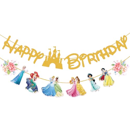 ChicRosa Princess Birthday Banner for Girls, Princess Birthday Party Decoration For Girls Kids Birthday Party Baby Shower Decorations (Gold)