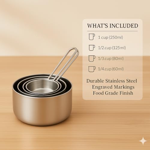Image of Human Hydro Stainless Steel Measuring Cups Set - 4 Pieces | 60 ml, 80 ml, 125 ml, 250 ml | Durable, Rust-Free & Dishwasher Safe for Baking & Cooking