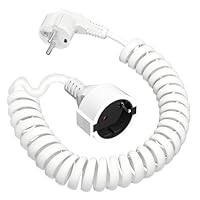 Schutzkontakt Verlängerung, Schutzkontakt Spiralverlängerung dehnbar von 0.6m auf 3M, Spiral Kabel mit Schuko Stecker & Kupplung, (250V/16A) PVC Verlängerungskabel, IP20,Weiß