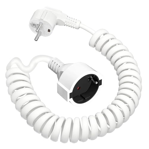 Schutzkontakt Verlängerung, Schutzkontakt Spiralverlängerung dehnbar von 0.6m auf 3M, Spiral Kabel mit Schuko Stecker & Kupplung, (250V/16A) PVC Verlängerungskabel, IP20,Weiß