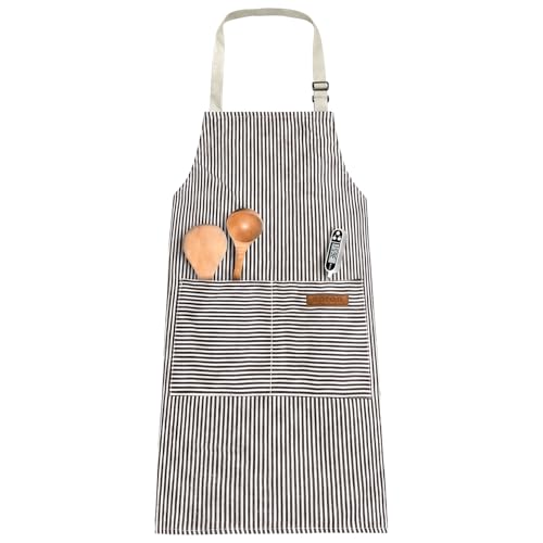Image of OWill Adjustable Apron – Unisex Apron with Pockets – Cooking & Kitchen Accessories – Chef’s Apron – Unisex – Home Kitchen, Butcher’s, Barbecue, Restaurant (Grey Stripes)
