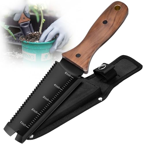 Hori Hori Garden Knife, Garden Tools with Sheath, 6" Stainless Steel Blade with Cutting Edge, Full-Tang Walnut Ergonomic Wood Handle with Hanging Hole