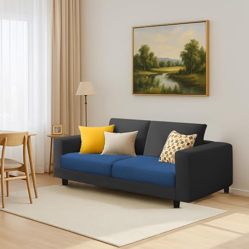 Image of Galib 2 Seater Sofa Set for Living Room (Blue Black Fabric) Premium Fabric Sofa Set