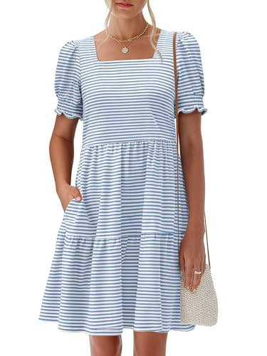Image of ANRABESS Women Summer Square Neck Puff Short Sleeve Mini Dress 2026 Casual Flowy Sundress Beach Vacation Clothes with Pockets