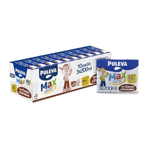 Puleva Max Leche Crecimiento y Desarrollo con Cacao y Cerales - 10 packs de 3 minibriks de 200 ml